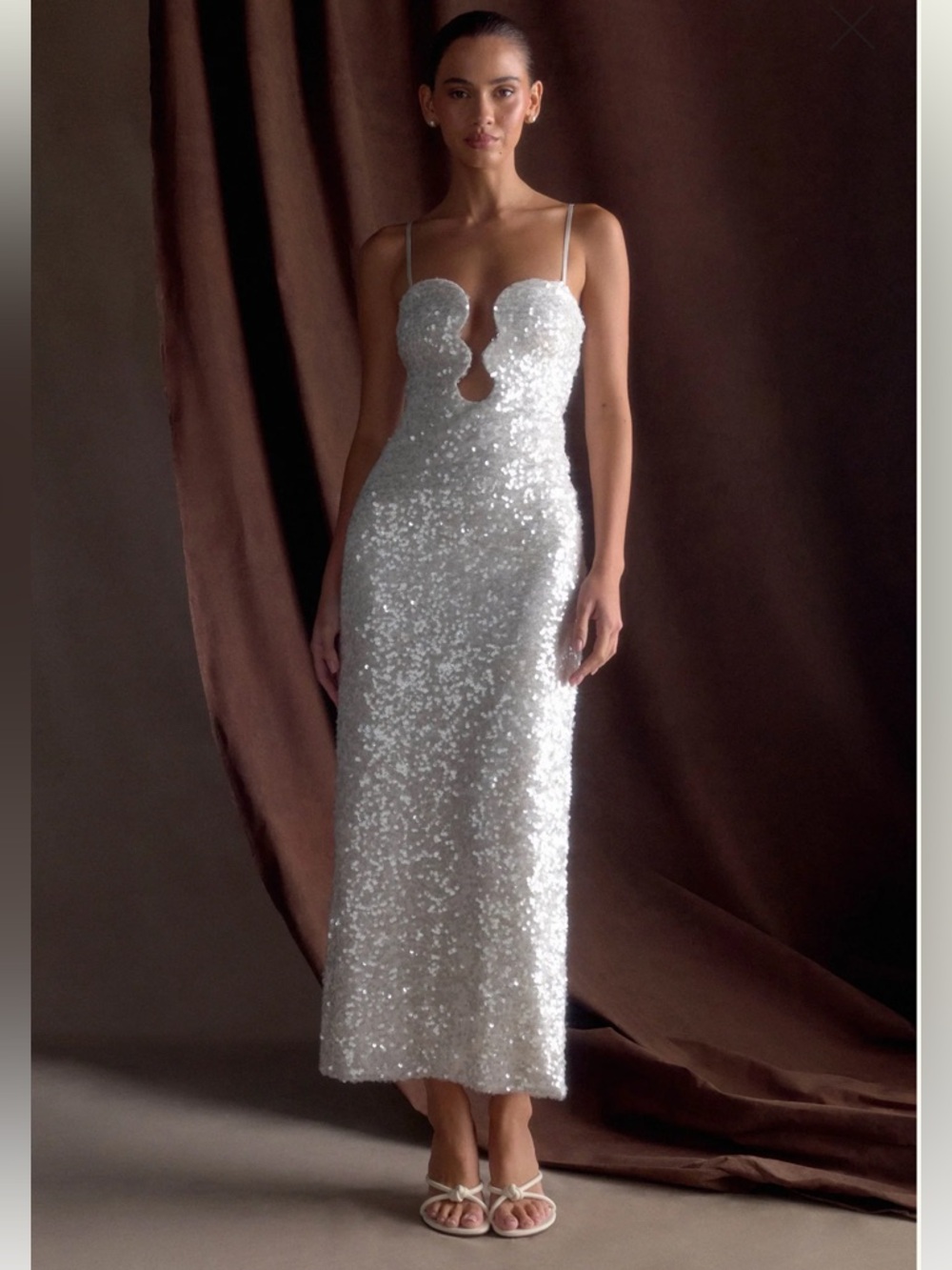 Meshki White Sequin Midi Dress with Keyhole Bodice